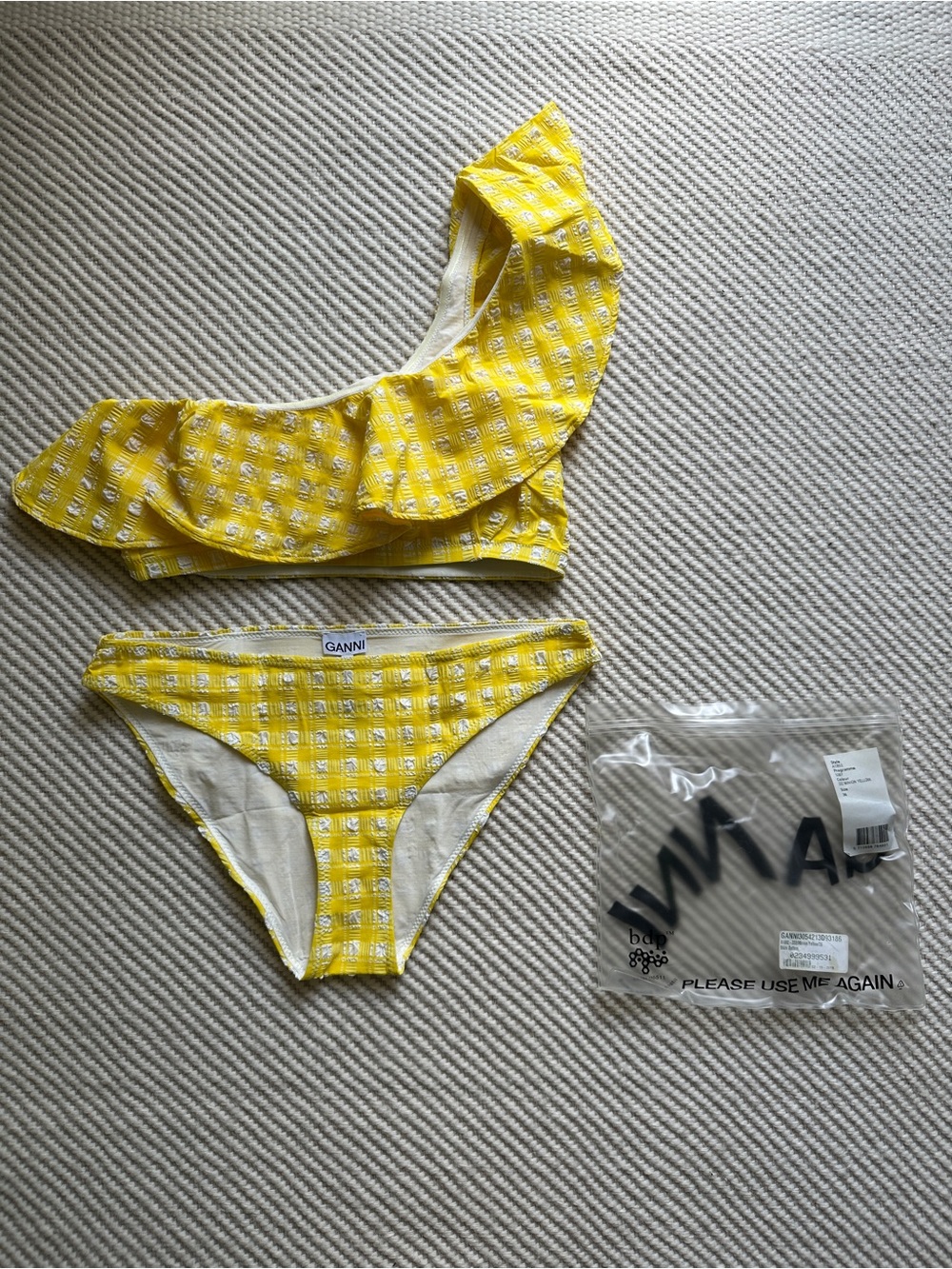 Ganni One-shoulder Ruffled Gingham Seersucker Bikini Set In Yellow